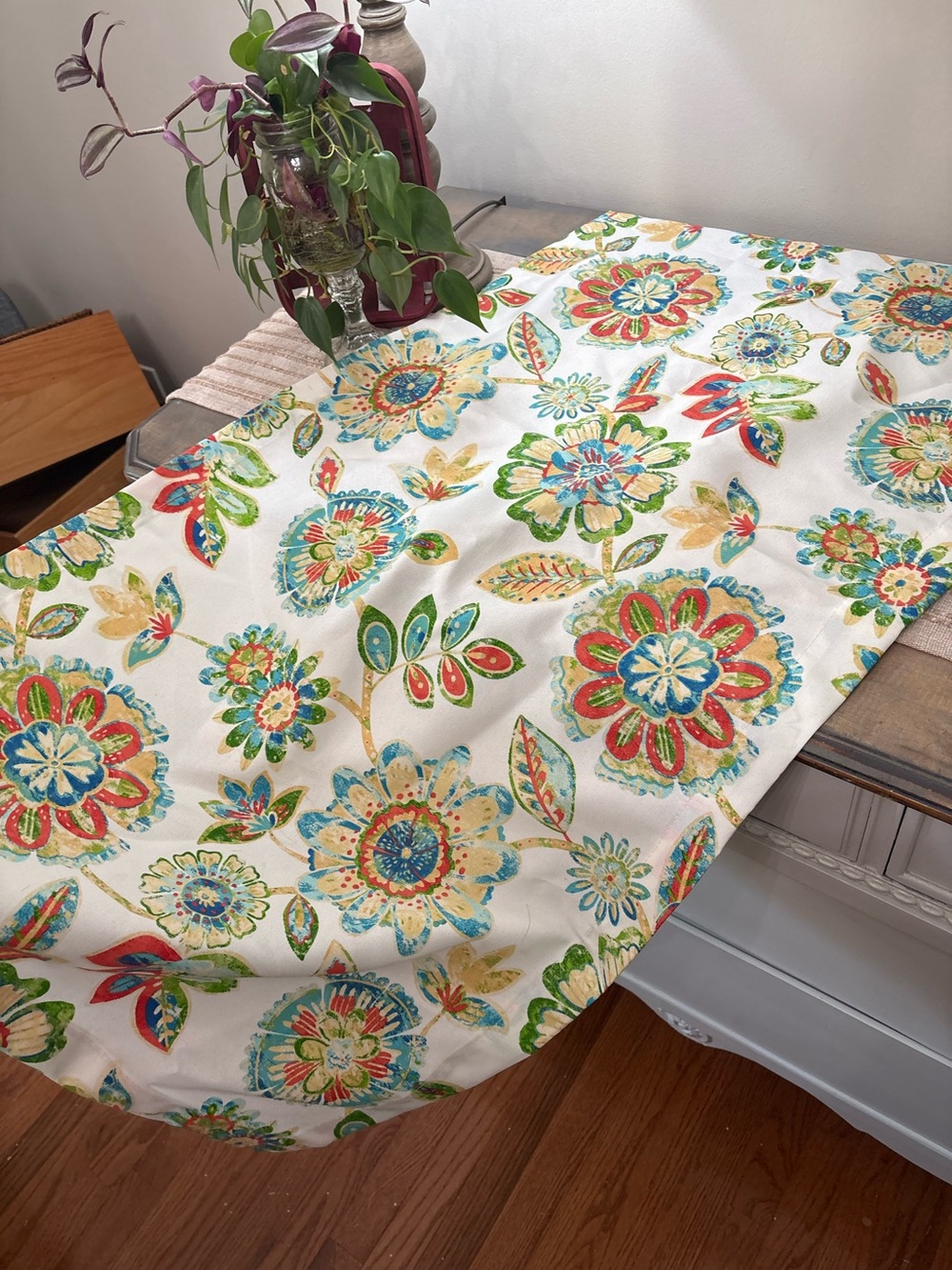 Handmade Colorful Floral Boho Multicolor Table Runner - White Background 44x26”